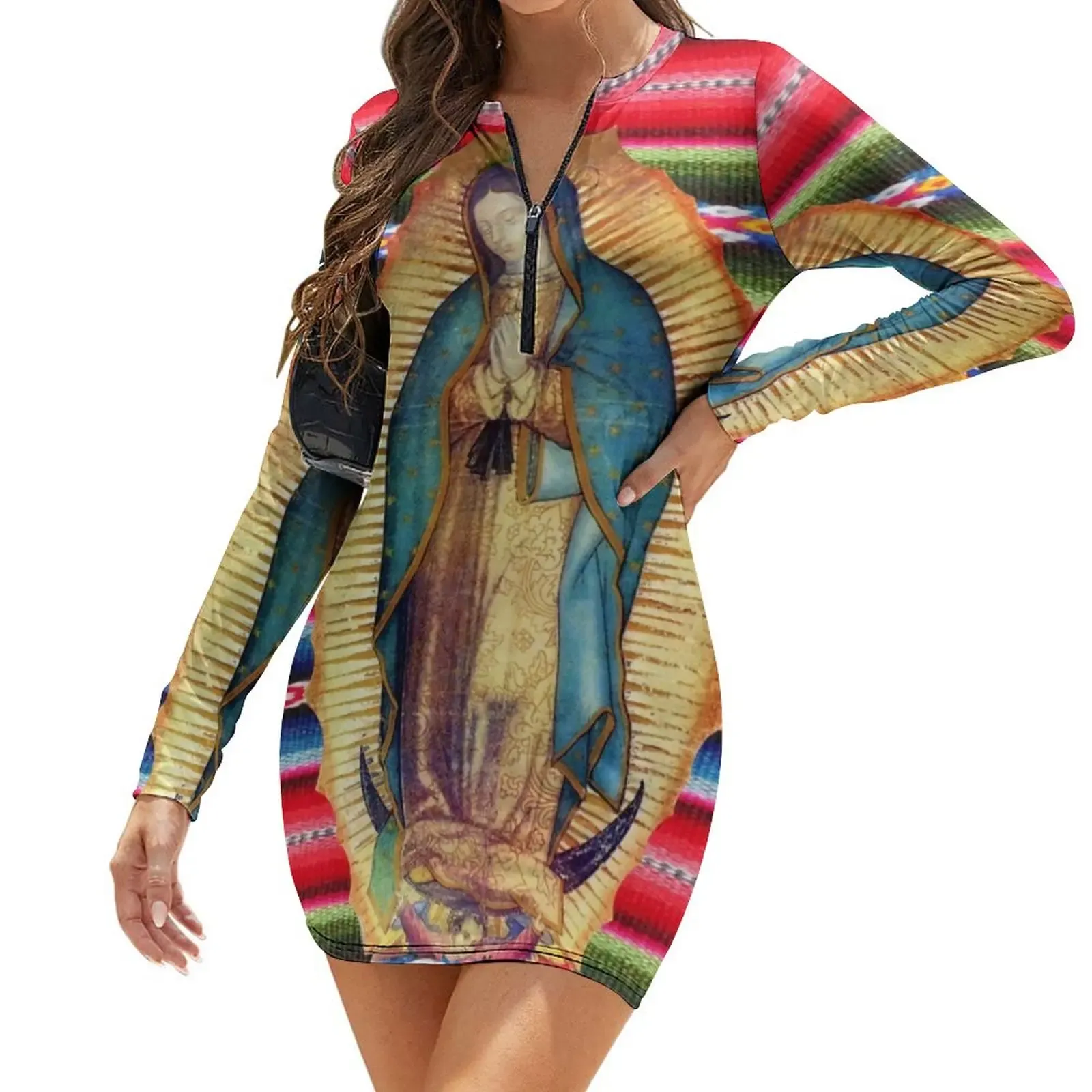 Virgin Mary Catholic Bodycon Our Lady of Guadalupe Trendy Dresses Womens Long Sleeve Print Street Style Dress Big Size 2XL