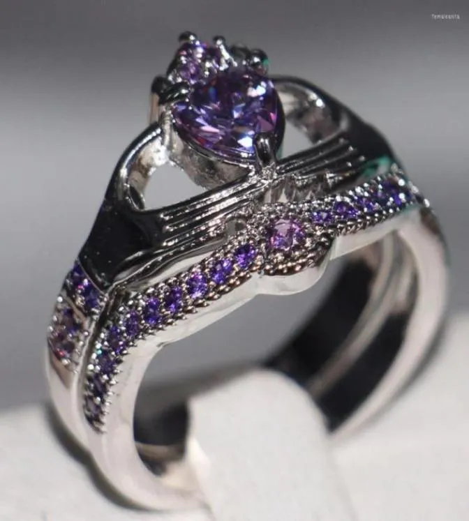 Wedding Rings Size 511 Choucong Fashion Jewelry 10KT White Gold Filled Pear Cut 5A Purple CZ Women Bridal Claddagh Couple Ring Gi4356443