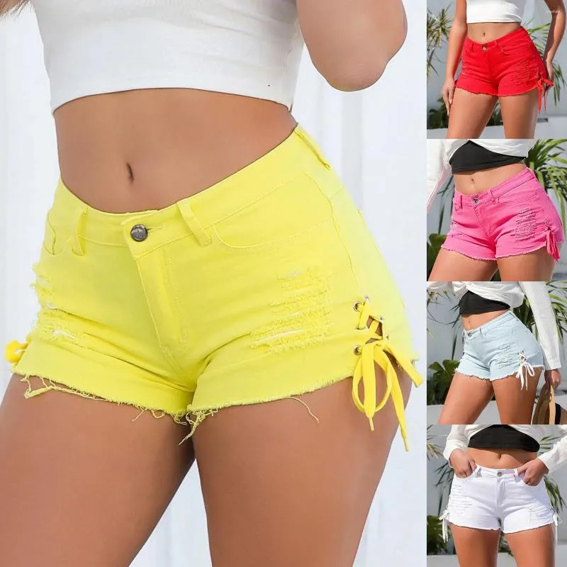 Womens Shorts Summer Denim Women Side Lace-Up Pants Retro Ripped High Waist Solid Pockets Casual For