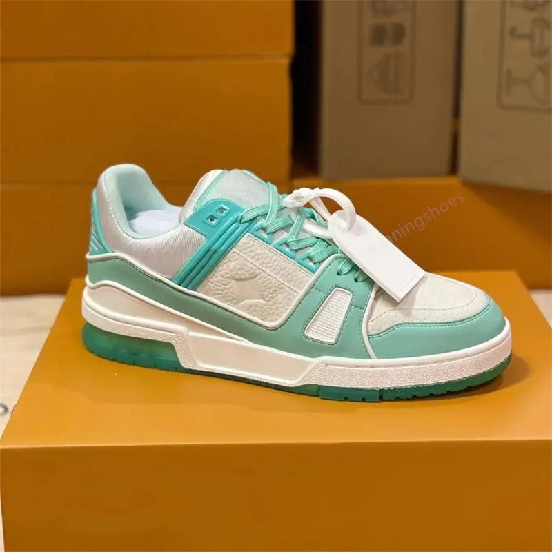 Projektant Flat Sneaker Treaker Trainer Buty swobodne Buty dżinsowe skóra Abloh White Zielony Czerwony Niebieski List Okładki Modne Platforma Męki Women Low Treakers 36-45 R1