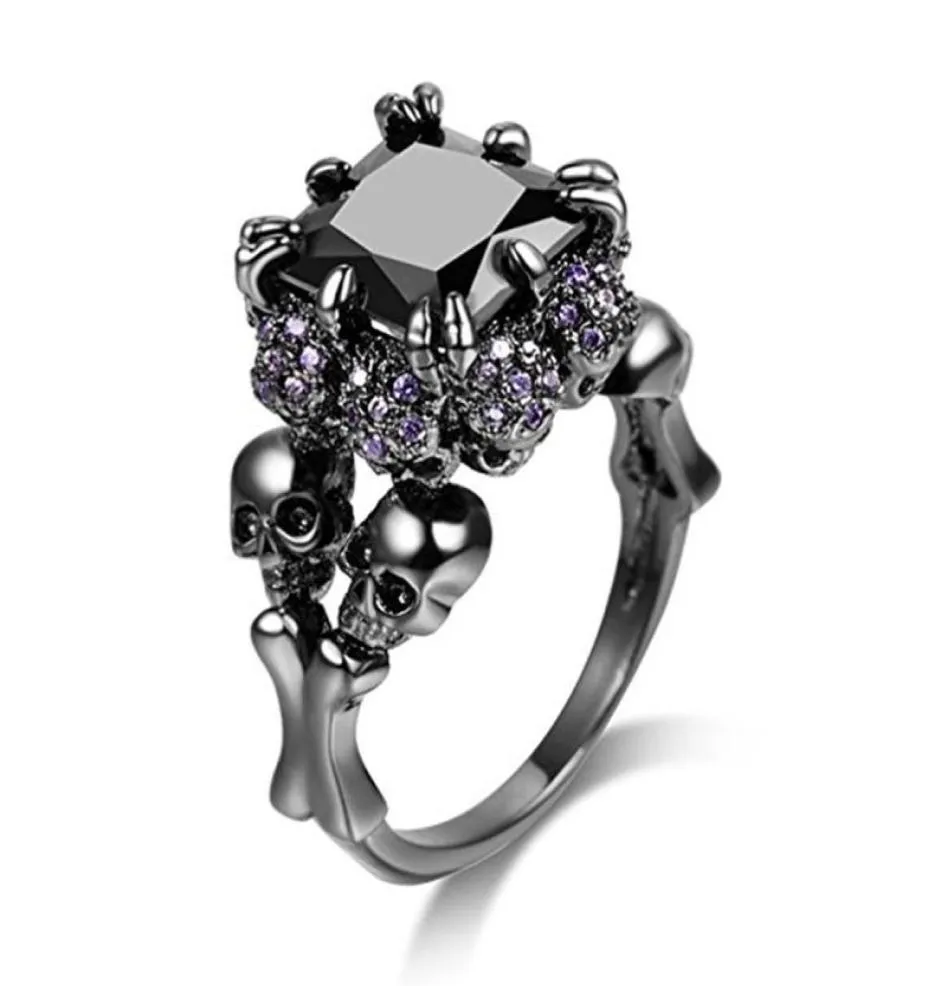 Wedding Rings Punk Jewelry Skull Ring Black Zircon Rhodium Plated Demon Princess Rhinestone Women039s Mens Party Gift Vintage3253046