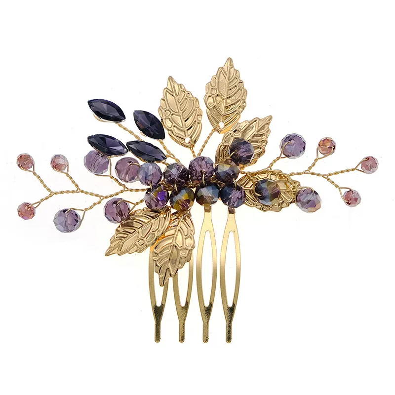 Romantiskt nytt bröllopshuvudstycke Bröllopsguldblad Purple Rhinestone Crystal Hair Comb