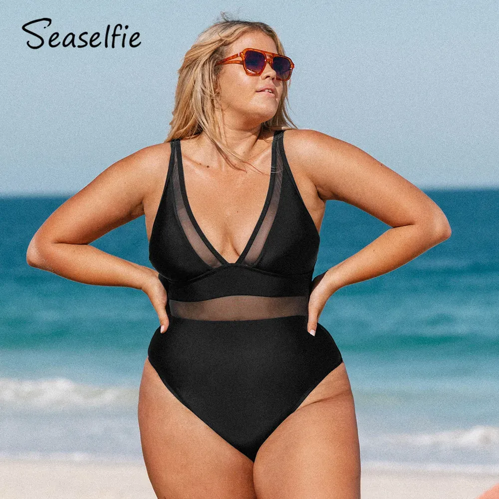 Badkläder Seaselfie Plus Size Mesh Panel Vneck One Piece Swimsuit For Women Black Large Size Monokini Baddräkt 2023 Beach Badkläder