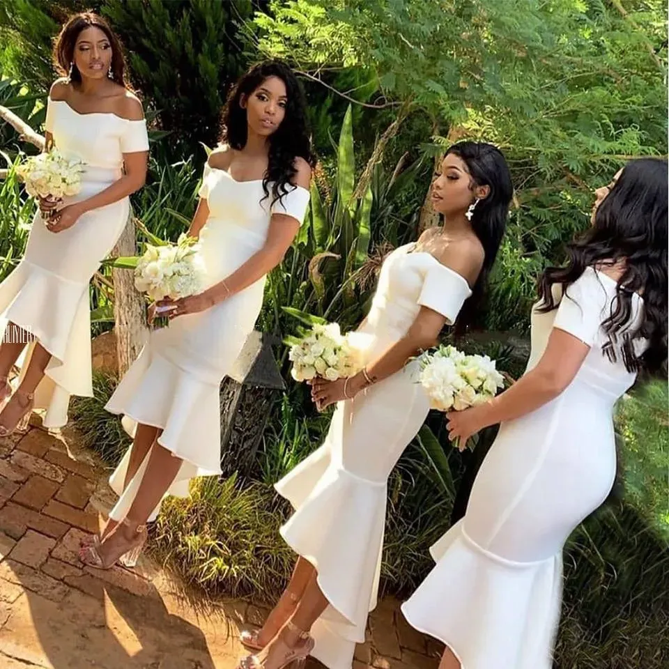 2024 White Mermaid Bridesmaid Dresses Off Shoulder High Low Short African Wedding Guest Party Gowns robes de demoiselle d'honneur