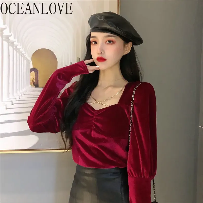 Blus Oceanlove Puff Sleeve Velvet Women Bluses Spring Autumn Solid Vintage Blusas Mujer Korean Fashion Elegant Short Slim Shirts