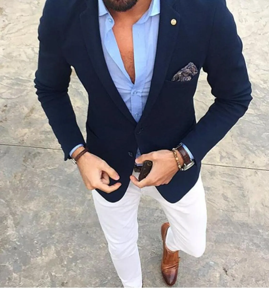 Casual masculino terno noivo smoking único breasted jaqueta marinha com calças brancas fino ajuste casamento convidado wear baile de formatura terno formal cust2825392