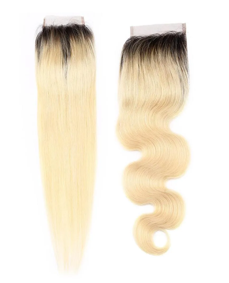 9A Brazilian Virgin Human Hair Weave Closures Body Wave or Straight T1b613 ombre color bionde 4x4 Lace Closures9704742