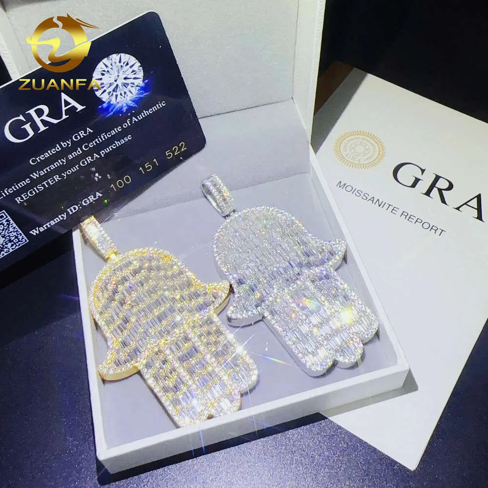 Atacado de luxo personalizado hamsa 925 prata esterlina baguette diamante gelado banhado a ouro vvs moissanite hamsa pingente