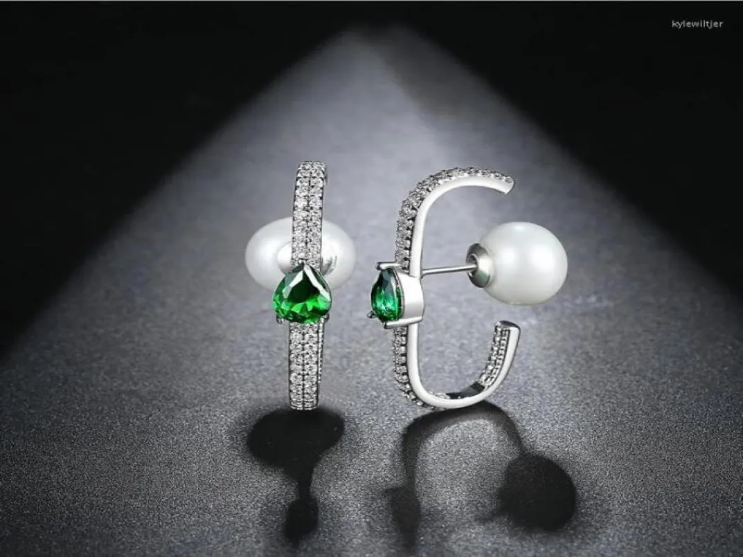 Brincos de luxo moda jóias barra longa micro pave cz verde lágrima gota feminino menina dupla face pérola earring9160756