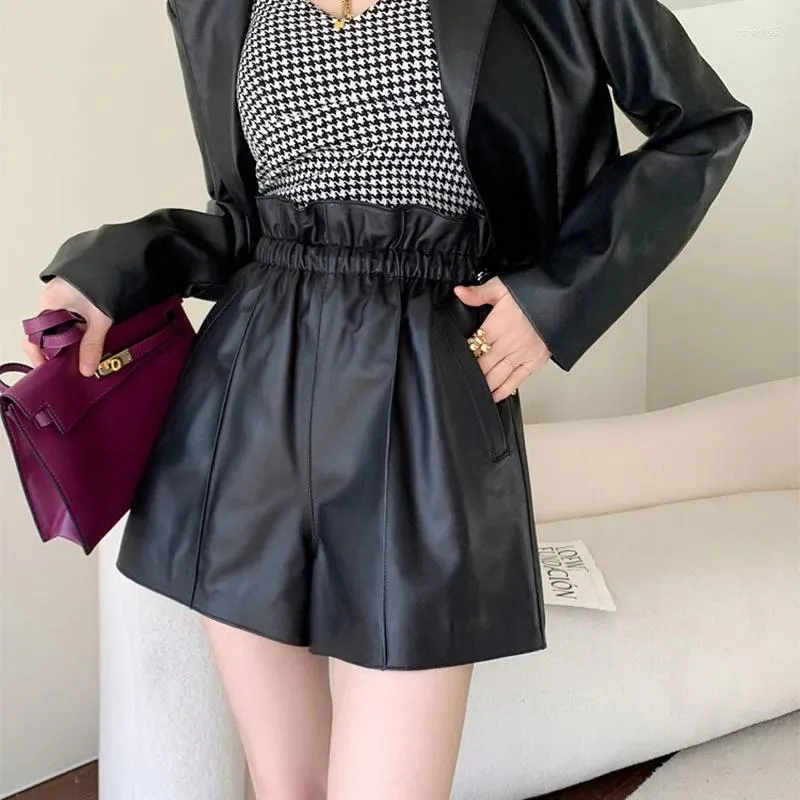 Women's Shorts 2024 Genuine Leather Woman Spring Fashion Elastic Drawstring High Waisted A-line Wide Leg Sheepskin Mini Shor