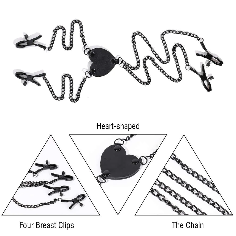 Metallklämma med kedjor Hearted-form Svart bröstvårtklipp Justerbara bröstklipp Vuxna sexleksaker för kvinnor och par