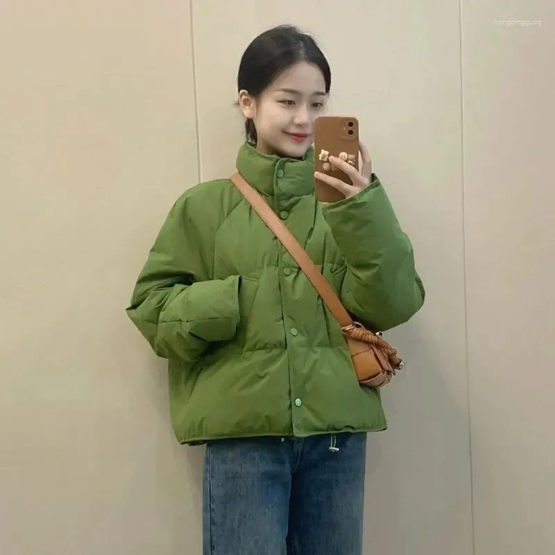 Gabardinas para mujer Estilo coreano Verde Stand Collar Chaquetas de algodón Mujeres Invierno Moda Espesar Cálido Color Sólido Simple All-matched Tops
