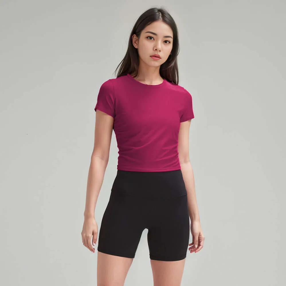 Kadın Yoga T-Shirt Yaz Üst Çörek Yuvarlak Yuvarlak Kısa Kollu Tüm Bu Elastik Nefes Alabilir Spor Fitness Düz Renk Lululemeni