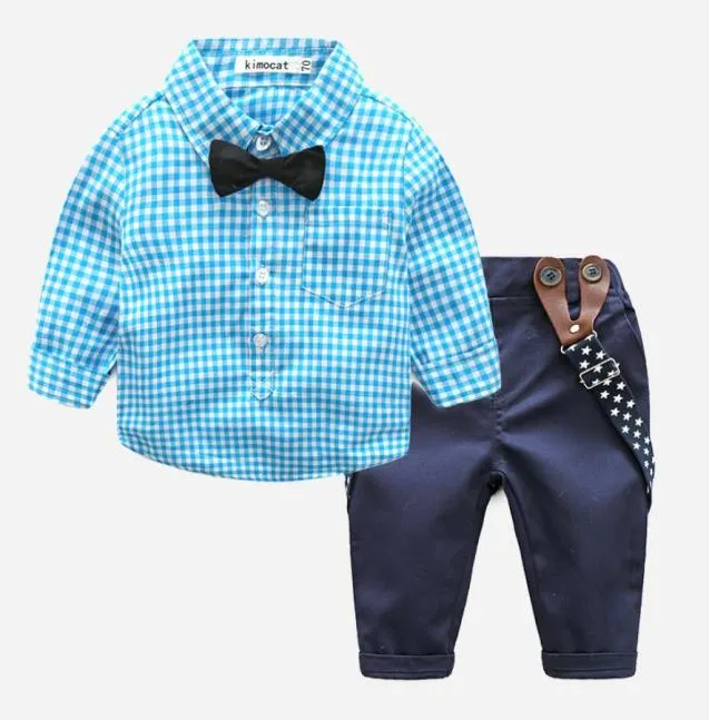 Set di abbigliamento per gentiluomo per neonati Primavera Autunno Camicia a quadri per neonati per neonatiPantaloni con bretelle in denim 2 pezzi Set Abiti per bambini1481271