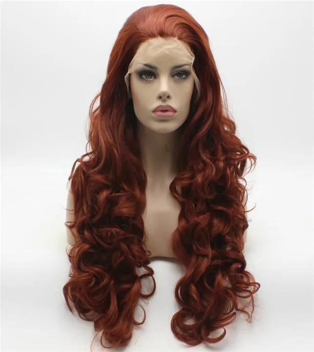 Iwona Hair Wavy Long Wine Wig 5350ハーフハンド縛られた耐熱性合成レースフロントWIG2038449