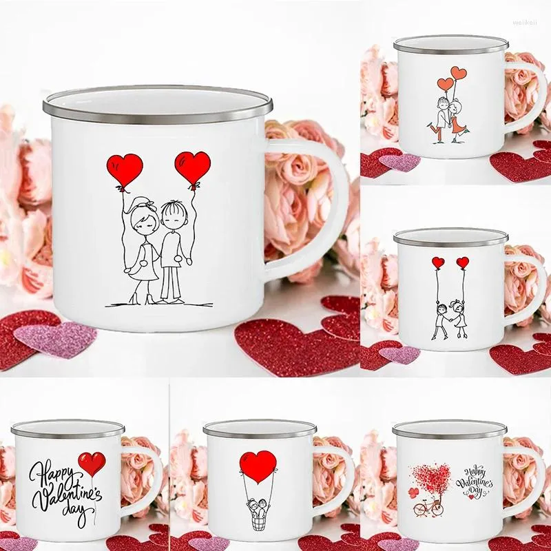 Tassen Cartoon Junge Mädchen Druck Paar Becher Kreative Emaille Liebhaber Kaffeetasse Trinken Dessert Milch Tassen Griff Trinkgeschirr Valentinstag geschenk