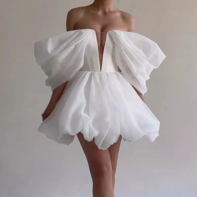 Elegant White Puffy Sleeves Prom Gown,White Bridal Dress Y6888 main image 1
