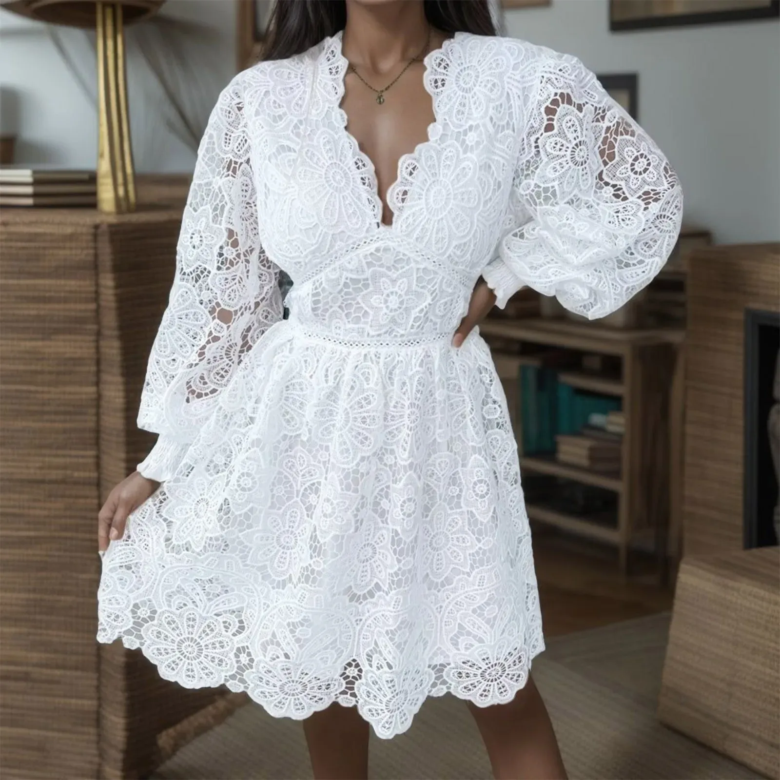 Klänning sommar elegant solid spetsklänning vneck lös ihålig mönster broderi vestidos kvinnliga kontor damer vita miniklänningar