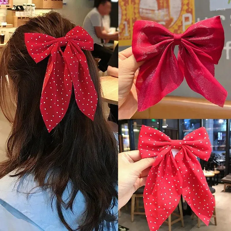 Hair Clips Vintage Flower Elegant Red Big Bow Hairpin Ribbon For Women Girl Fashion Sweet Bohemian Accessories Duckbill Clip