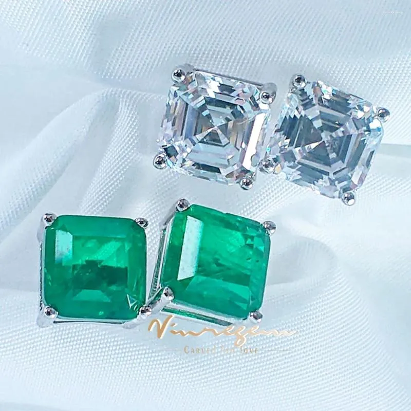 Stud Cüping Vinregem Asscher Kesme Laboratuvarı Oluşturdu Sapphire Emerald değerli taş kulak saplamaları Kadınlar için 925 STERLING Gümüş İnce Takı