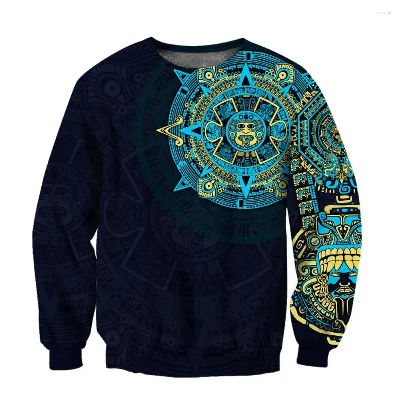 Men's Hoodies HX Mexican Aztec Warrior Sweatshirt 3D Graphic Tattoo Polyester All Printed Streetwear Fashion Men Clothing Ropa Para Hombre