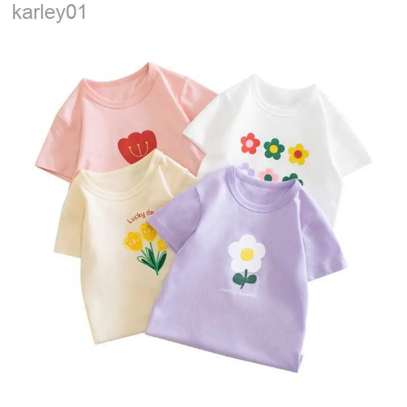 T-shirts T shirts Summer Cotton T 2 Kid Baby Girls Clothes Short Sleeve Infant Cartoon Flower Print Tee Childrens Tshirt 240306