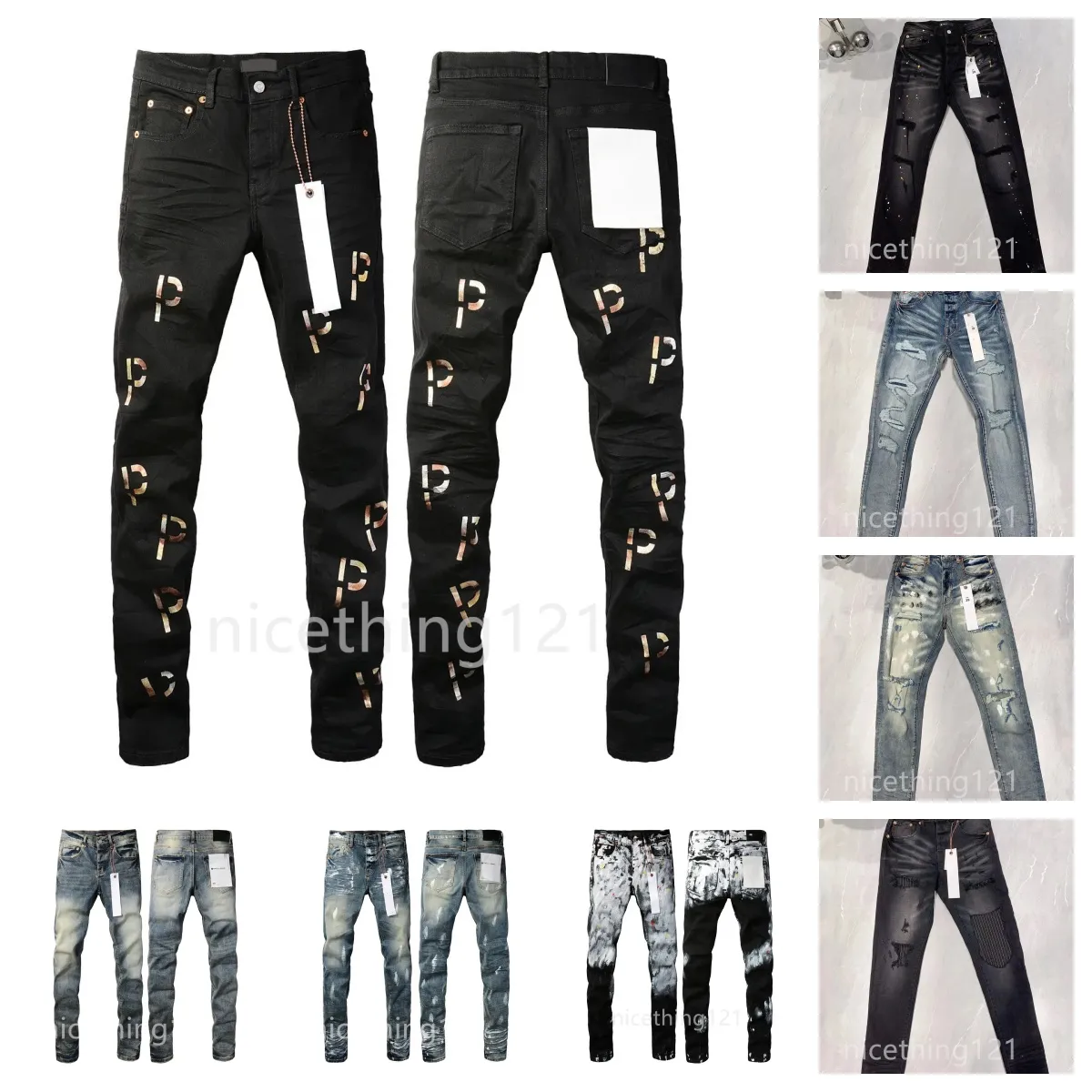 Designer de moda de rua jeans roxo mens botões preto estiramento elástico magro rasgado jeans marca calças jeans para mulheres magro ajuste motocicleta branco calças pretas