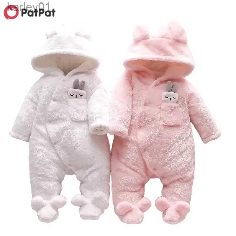 Footies Winter Baby Clothes Baby Girls Baby Boys Unisex Solid Fleece Rabbit Hooded Footed / Footie Long-Sleeve Baby Jumpsuit YQ240306