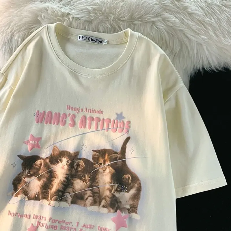 T-shirts coton pur été l'été 2023 mignon chat à manches courtes tshirt femelle feme