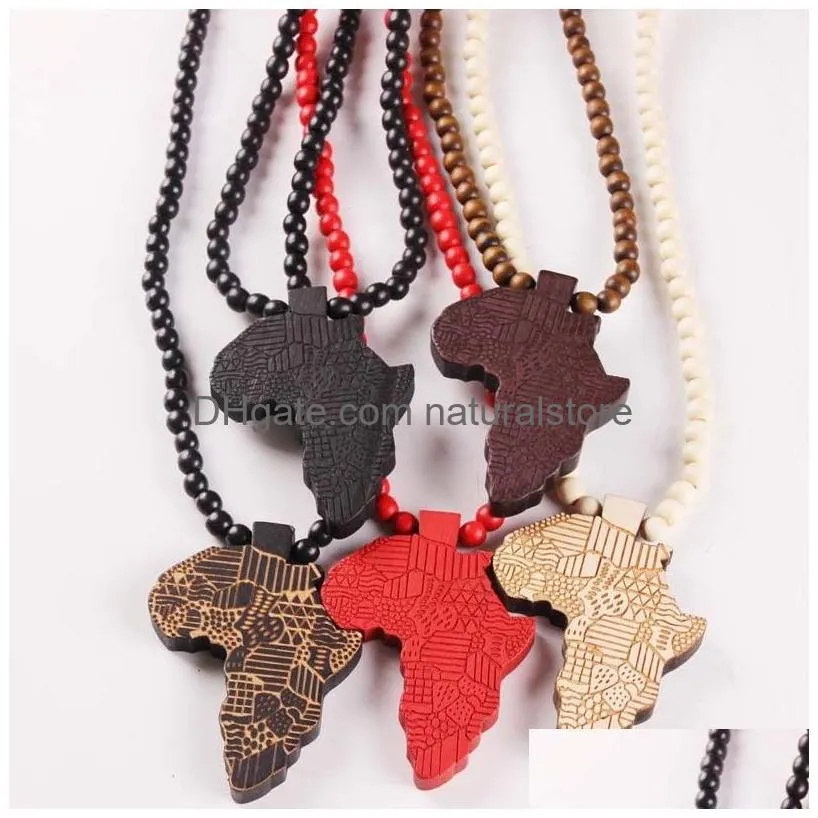 Collares colgantes Hip Hop Mapa de madera de África Collares pendientes Cuentas de madera Cadenas de cuentas para mujeres Hombres Hiphop Joyería Regalo Gota Deliv Dh5N8