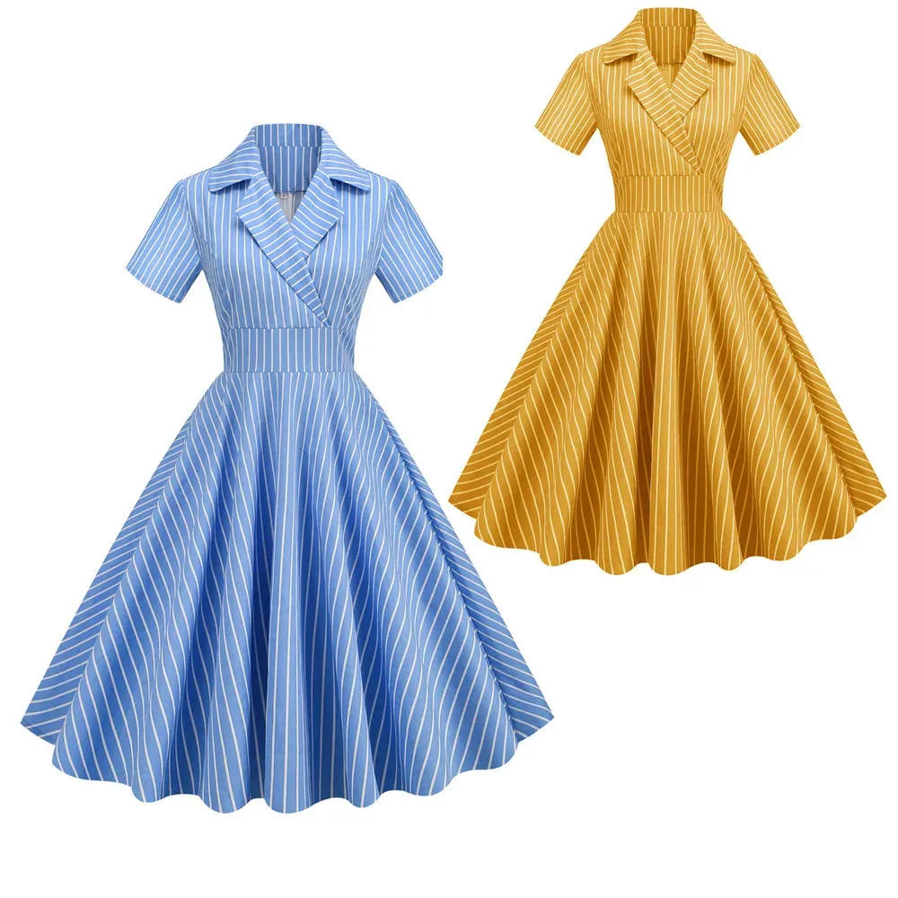 Kleid Damen Vintage Gestreiftes Kleid Rockabilly Cocktailparty 1950er 40er Swingkleid Sommerkleid Kurze Ärmel