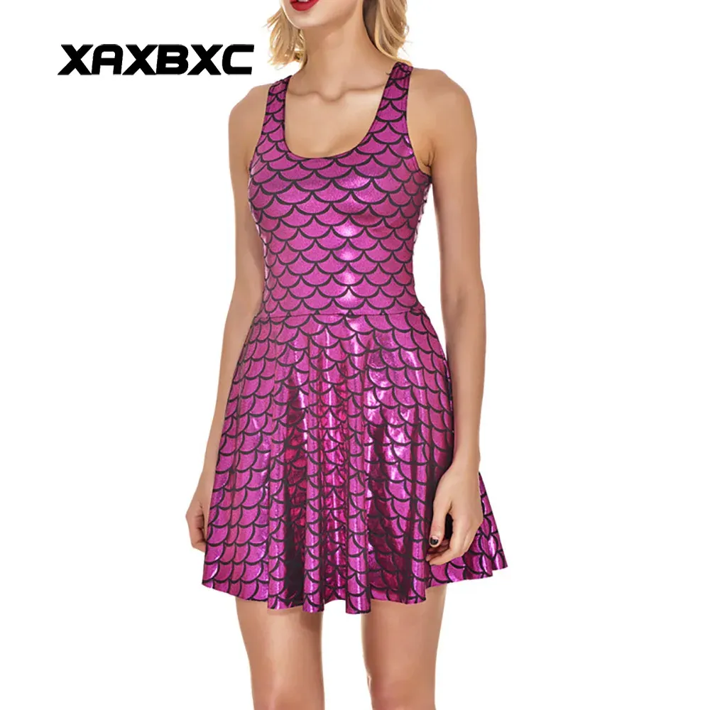 Jurk NIEUW 1009 Sexy Meisje Vrouwen Zomer zeemeermin Glanzende draak Vis schaal rose roze 3D Prints Omkeerbare Mouwloze Skater Geplooide Jurk