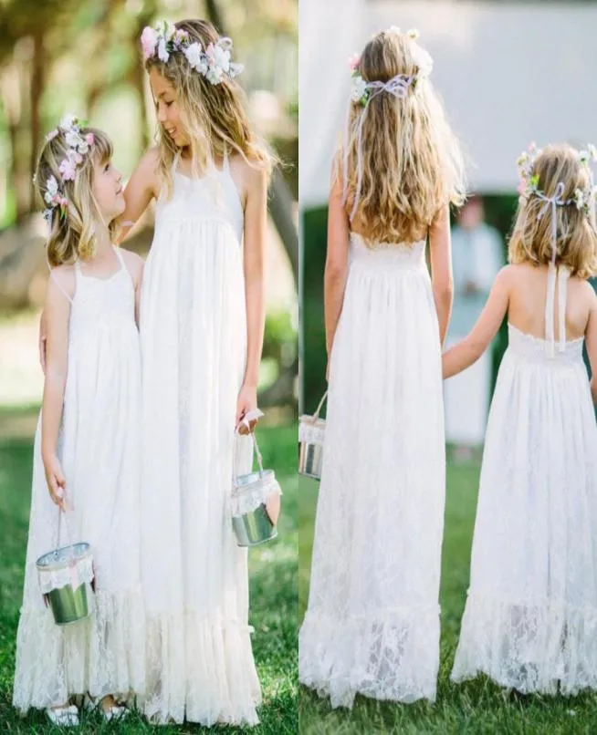 Robes de fille de fleur en dentelle blanche licou pour la fête de mariage sur la plage 2016 dos nu longueur de plancher filles robes de reconstitution historique enfants vêtements de cérémonie Chea7410000