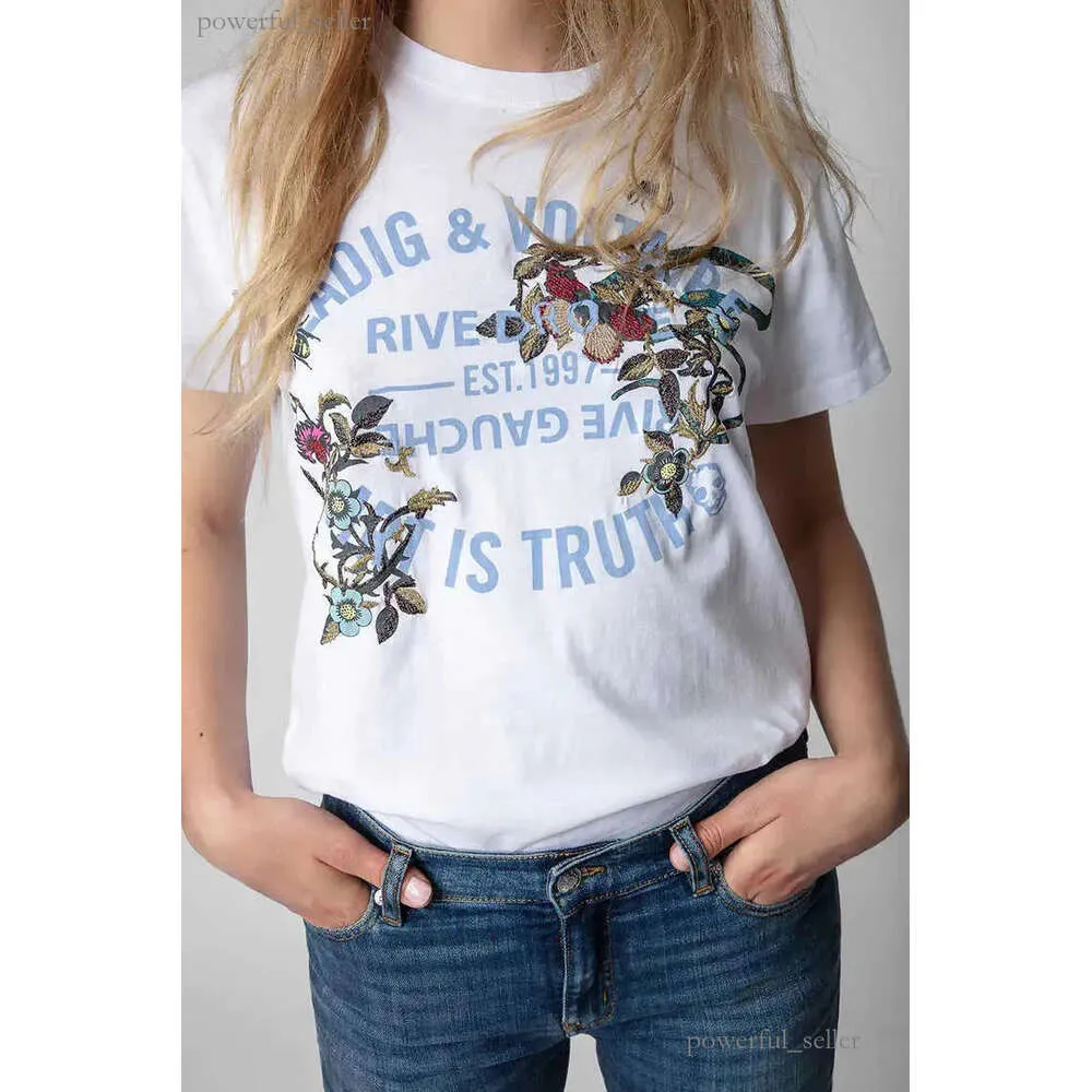 23SS Zadig Voltaire Designer T-Shirts Klassischer Briefdruck Blumenschlangenstickerei Gestickte Damen Kurzarm T-Shirt T-Shirts Tops 632