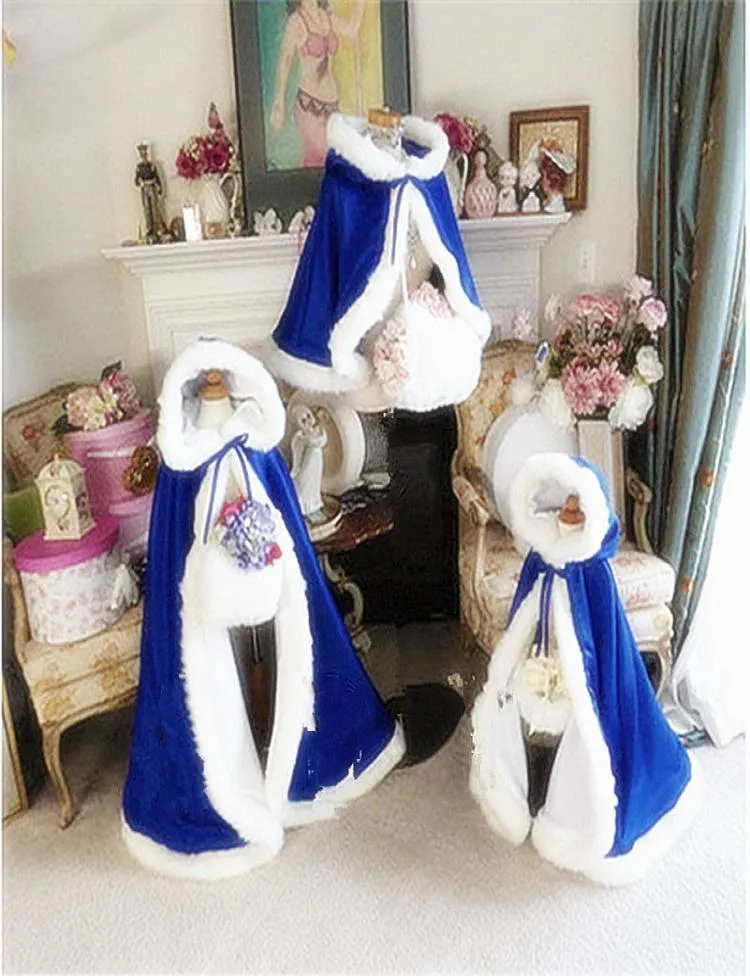Royal Blue Children039S Custom Made Girls Cape Kids Wedding Cloaks Faux Fur Jacket för vinterbarn Flower Girl Children Satin CH2615292