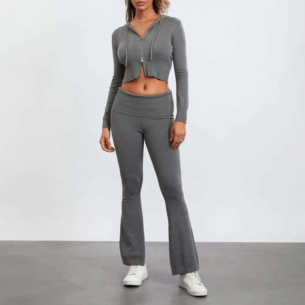 Womens Knit Tracksuit Two Piece Outfits Long Sleeve Zip Up Cropped Hoodie and Bootcut Flare Pants Set Sportwear