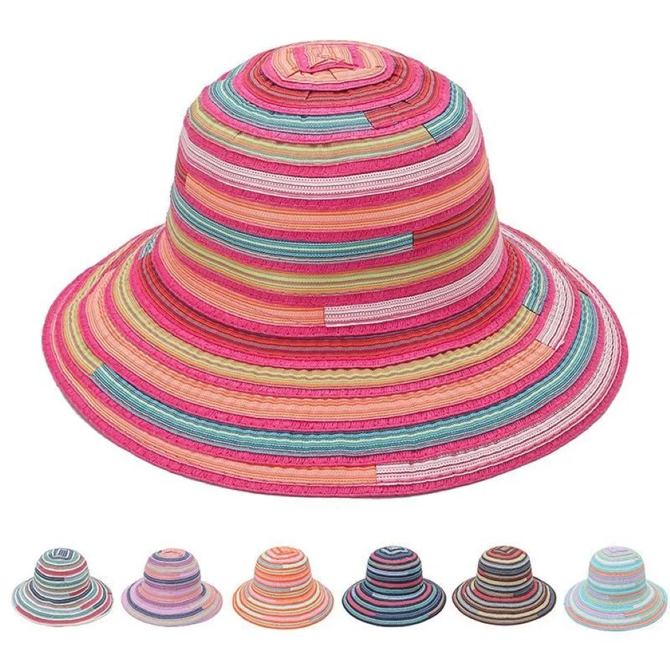 Sombrero de pescador femenino verano plegable sol arco iris tela a rayas colorido protector solar mujer playa vacaciones idílico gorra casual ala ancha336F