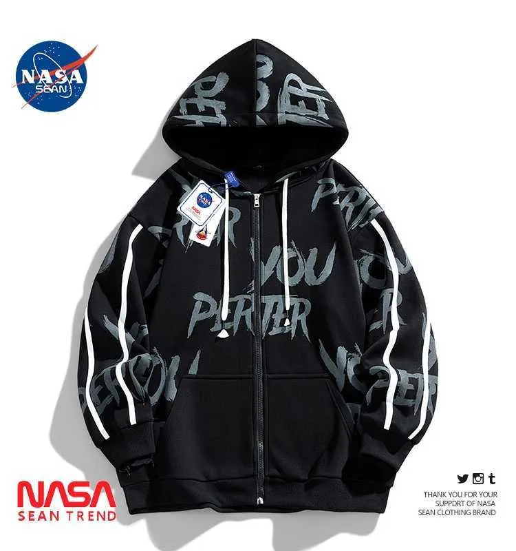 Men's Hoodies Sweatshirts NASA Co branded Trendy Design Cardigan Sweater for Mens Autumn/Winter New Loose and Versatile Casual Hooded Top Coat