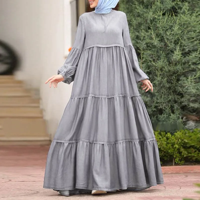 Herbst-Sommerkleid für Damen, gerüscht, langes Kleid, lässig, locker, Rundhalsausschnitt, lange Puffärmel, muslimisches Kleid