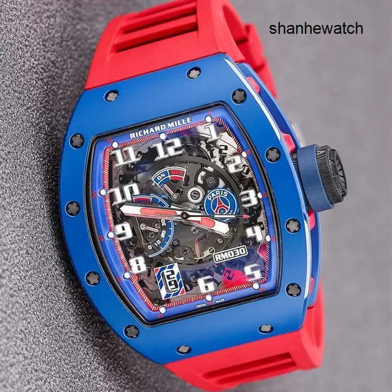 Ponadczasowy zegarek Elegance Watch RM Watch RM030 Blue Ceramic Side Red Paris Limited Dial 42.7*50 mm z ubezpieczeniem
