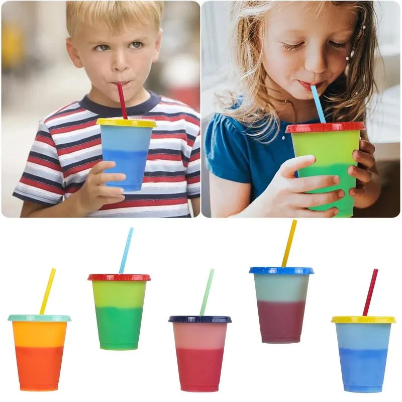 Gobelets jetables pailles 16oz monocouche en plastique, tasse à couleur changeante, boisson pour enfants, thé aux fruits, paille thermochromique, ensemble acrylique