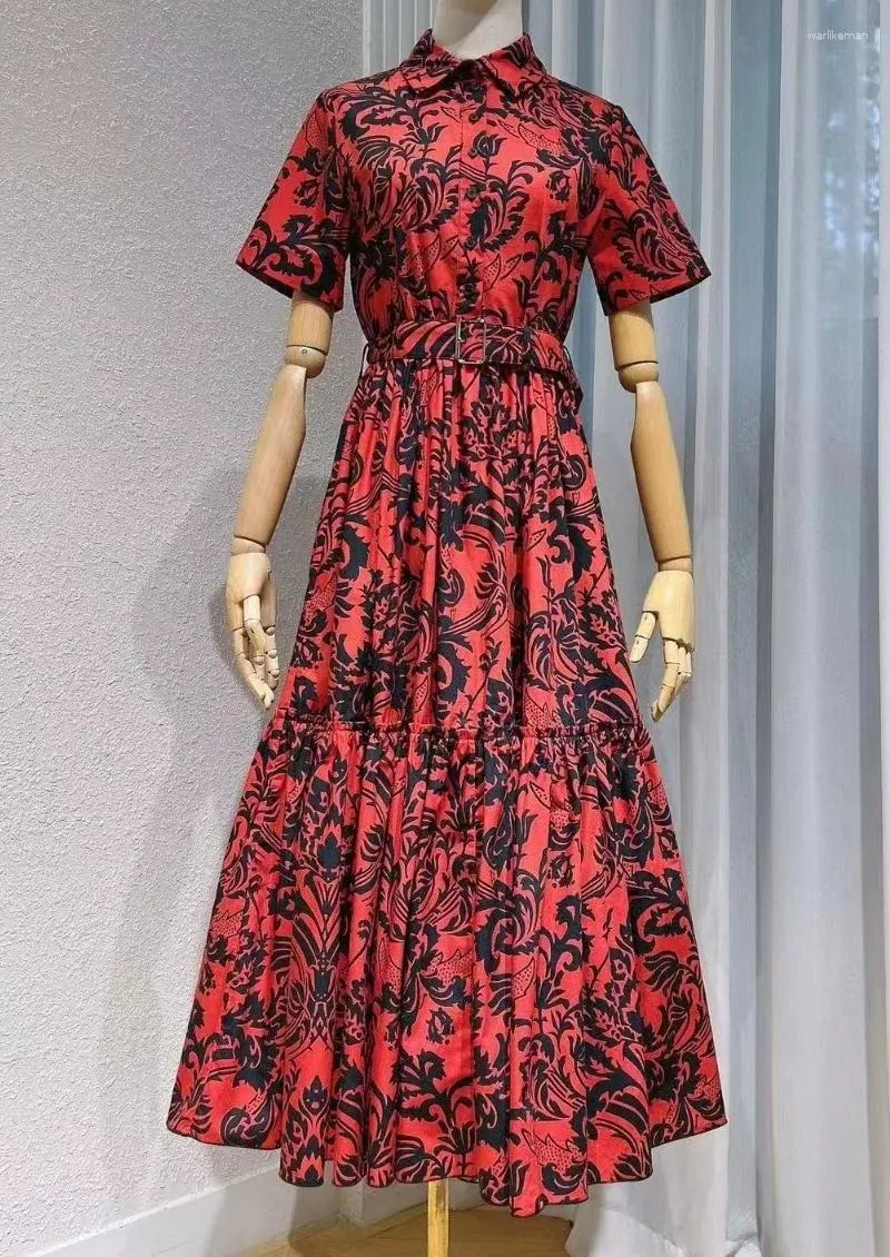 Party Dresses Top Quality 2024 Spring Long Dress Women Turn-down Collar Vintage Prints Short Sleeve Casual Black Wine Red Maxi XL