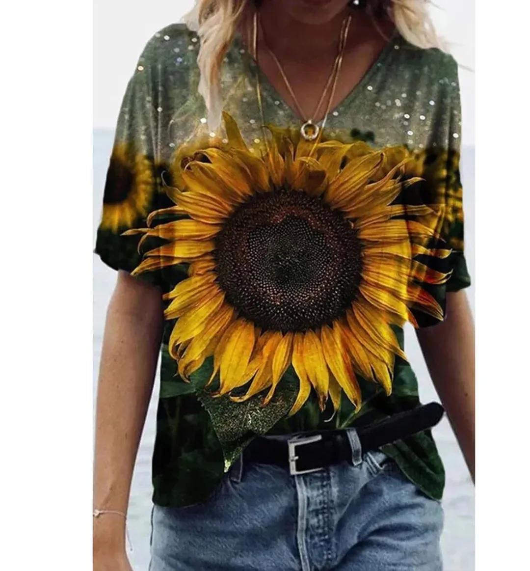 T-shirt Summer Woman Sunflower T Shirt Flower Bird Wzór 3D TEE DRUKOWANIE DLA DAMI STRONY STREETWEAR KRÓTKO