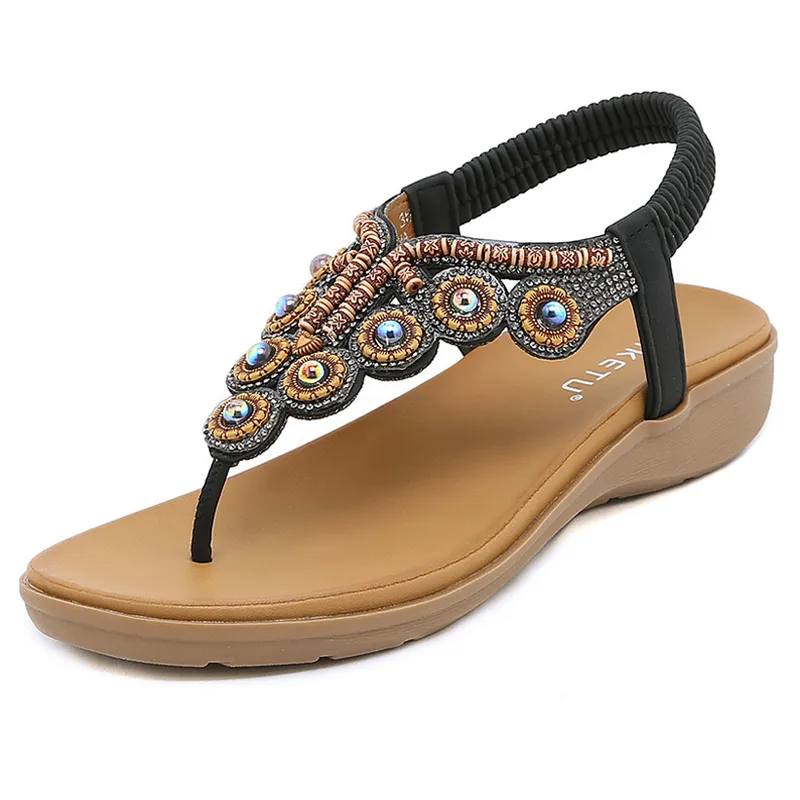 2024 Bohemian Sandals Frauen Hausschuhe Keil Gladiator Sandal Womens Elastic Beach Schuhe String Perlenfarbe 38 GAI515
