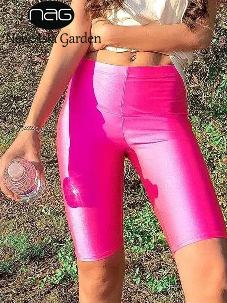 Shorts newasia neon cyklist shorts kvinnor 2019 ny fast färg spandex elastisk hög midja shorts rosa sexiga bodycon sommar casual shorts