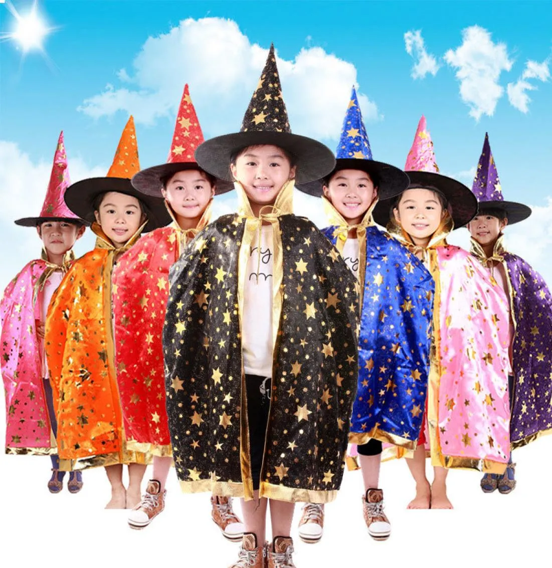 Czarownica Kostuma chłopca dziewczyna dzieci dzieci Halloween Witch Wizard Cloak Suknia szata i czapka czapka gwiazdy fantazyjne cosplay dla chłopców dziewczęta 2953885