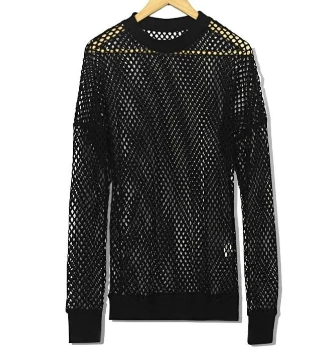 Męskie seksowne fishnet Wyglądaj przez Tshirt Długie rękaw Transparent Tshirt Homme Punk Gothic Nightclub Thirt For Men Camisetas 211486050