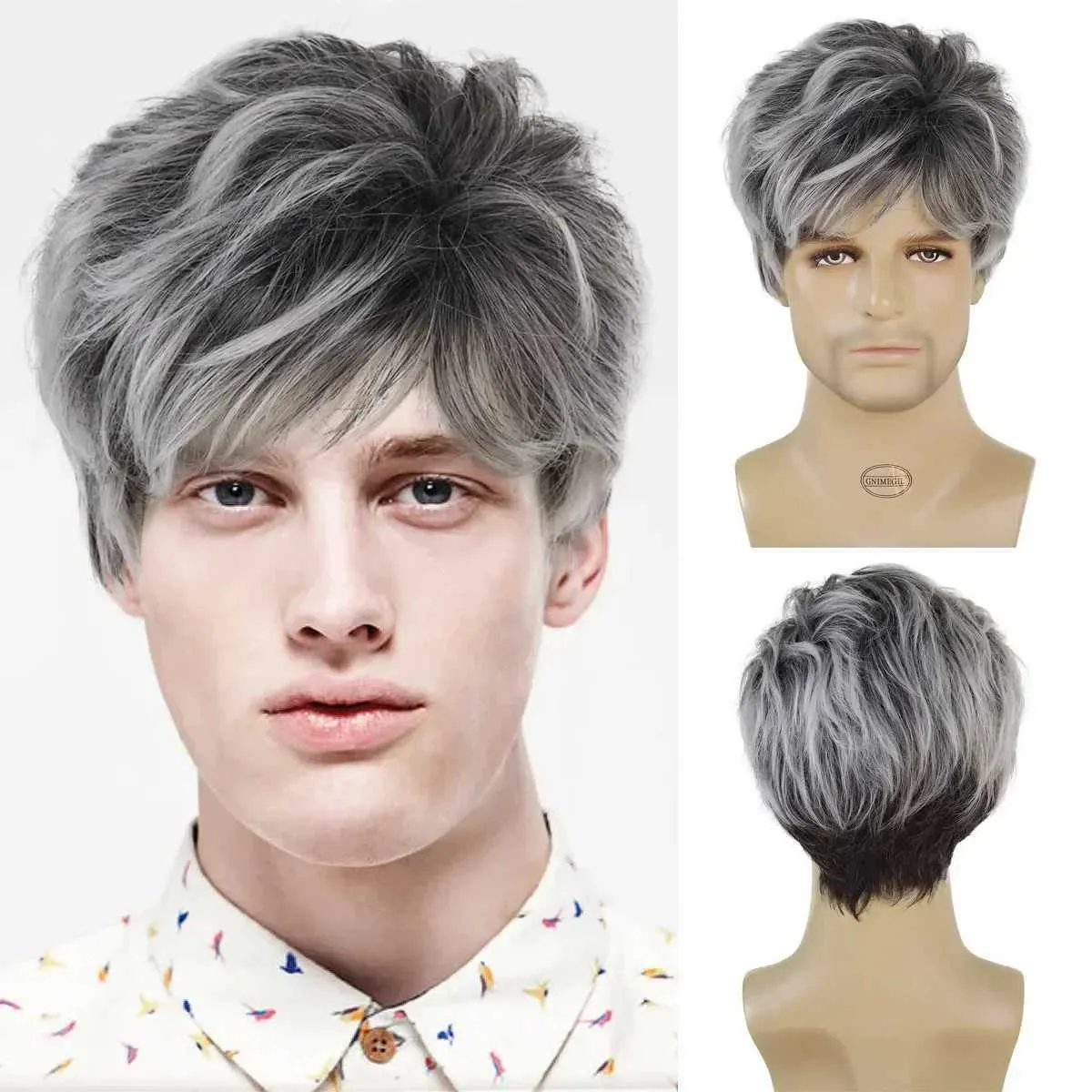 Perucas de cabelo sintético peruca curta para homens preto mix cinza com franja encaracolado penteado natural pixie corte cosplay resistente ao calor 240306