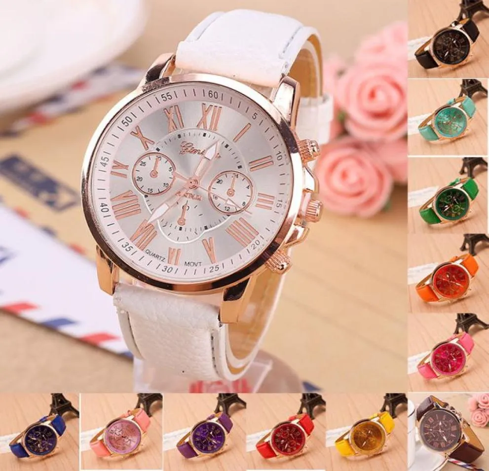 15 Farben Genf Women039s Uhr Designer Quarz Waches Relogio Römische Ziffern Kunstleder Analoge Marken Armbanduhr Armband 2532185