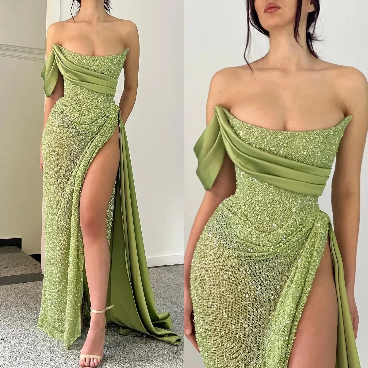 Moda verde paillettes vestito da ballo ogstuff senza spalline abiti da sera pieghe fessura formale tappeto rosso lungo occasione speciale vestito da festa